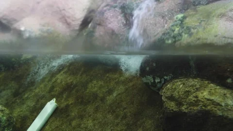 Split view showing a small waterfall flowing into a clear pond. Underwater .. Vidéo 341783310