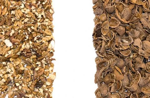 Split walnuts with their shells, healthy food, dried fruit Stock Photos