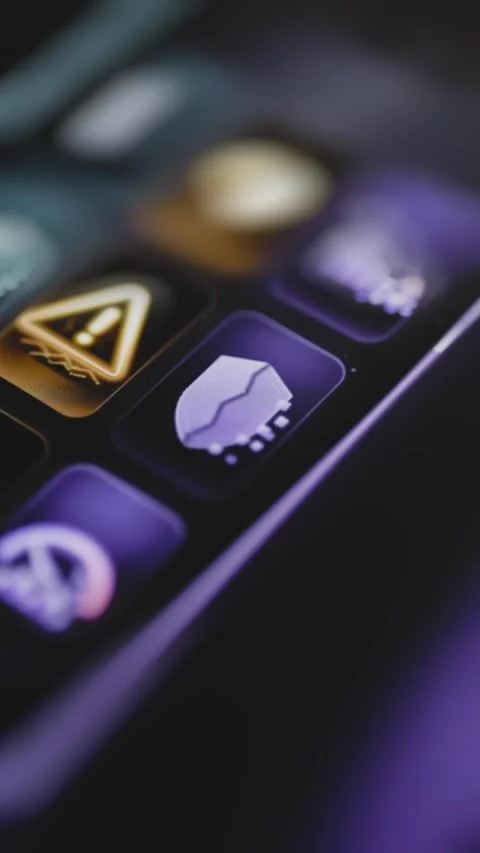 Split white shield glows on purple control tile Stock Footage 344109851
