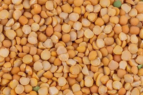 Split yellow peas. Dried, peeled and split seeds of Pisum sativum, the pea. Stock Photos