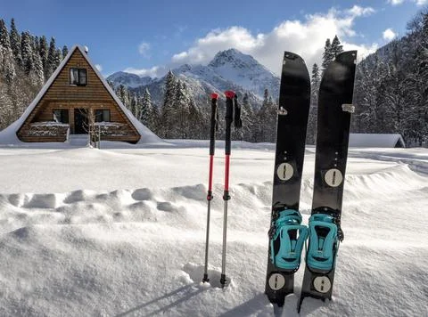 Splitboard and poles 스톡 사진