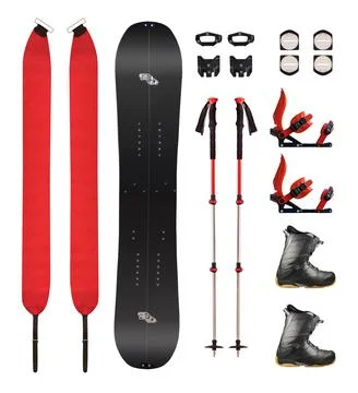 Splitboard, climbing skins, boots 스톡 사진