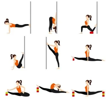 Splits with blocks and a wall stretching yoga asanas set Stock Illustration
