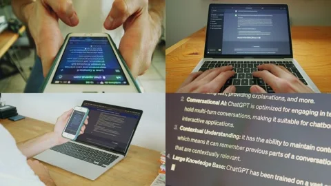 Splitscreen Of Chat GPT Artificial Intelligence Working On Multiple Devices Stock Footage 265071349