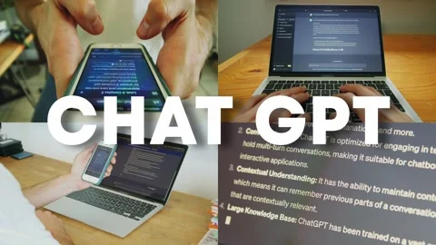 Splitscreen Of Chat GPT Artificial Intelligence Working On Multiple Devices Stock Footage 265071365