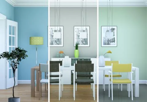 Splitted color variations of dining room interior design in modern appartment Stock Illustration