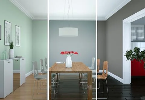 Splitted color variations of dining room interior design in modern appartment Stock Illustration