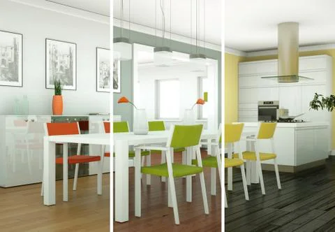 Splitted color variations of dining room interior design in modern appartment Stock Illustration