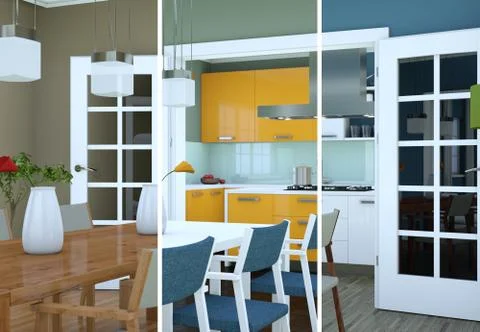 Splitted color variations of dining room interior design in modern appartment Illustrazione stock