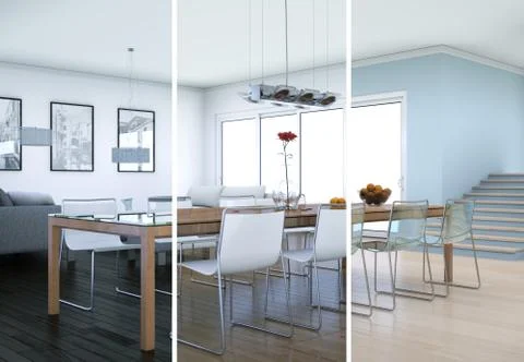 Splitted color variations of dining room interior design in modern appartment Stock Illustration