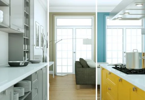 Splitted color variations of a modern kitchen with a beautiful design Stock Illustration