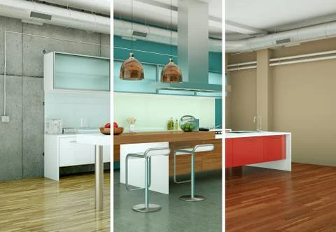 Splitted color variations of a modern kitchen with a beautiful design Stock Illustration