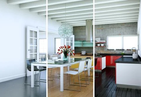 Splitted color variations of a modern kitchen with a beautiful design Stock Illustration