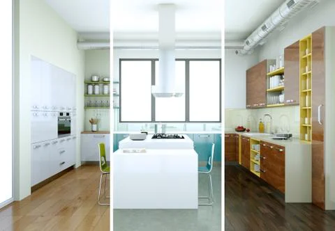Splitted color variations of a modern kitchen with a beautiful design Stock Illustration
