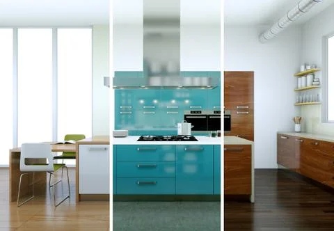 Splitted color variations of a modern kitchen with a beautiful design Stock Illustration