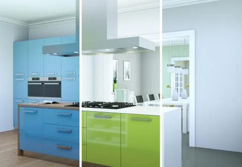 Splitted color variations of a modern kitchen with a beautiful design Stock Illustration