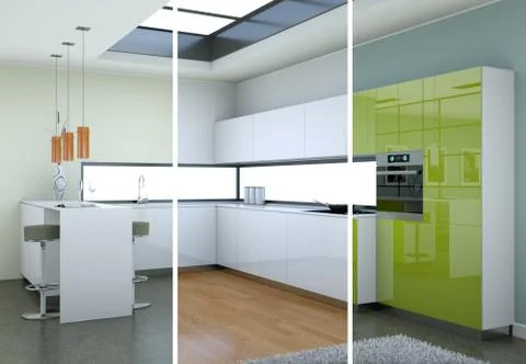 Splitted color variations of a modern kitchen with a beautiful design Stock Illustration