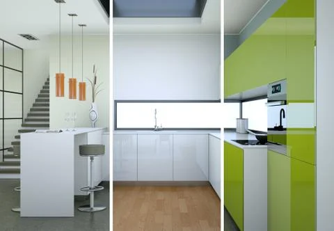 Splitted color variations of a modern kitchen with a beautiful design Stock Illustration