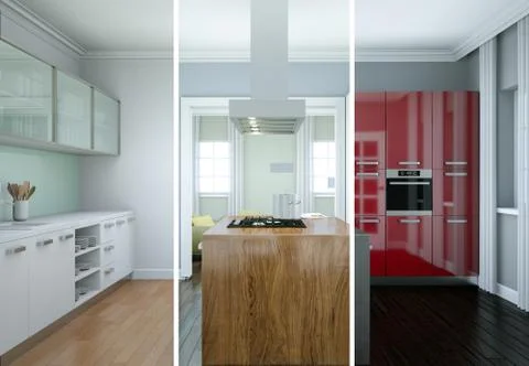 Splitted color variations of a modern kitchen with a beautiful design Stock Illustration