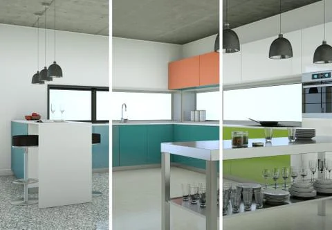 Splitted color variations of a modern kitchen with a beautiful design Stock Illustration