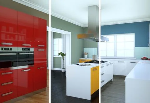 Splitted color variations of a modern kitchen with a beautiful design Stock Illustration