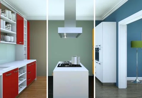 Splitted color variations of a modern kitchen with a beautiful design Stock Illustration