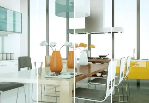 Splitted color variations of a modern kitchen with a beautiful design Stock Illustration