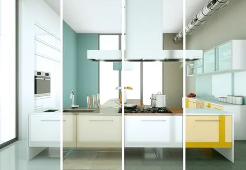 Splitted color variations of a modern kitchen with a beautiful design Stock Illustration