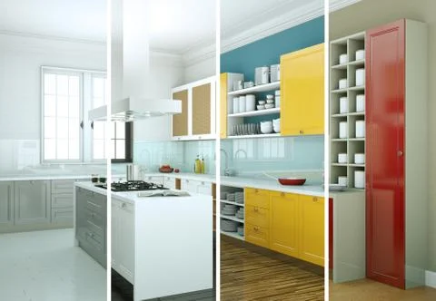 Splitted color variations of a modern kitchen with a beautiful design Stock Illustration