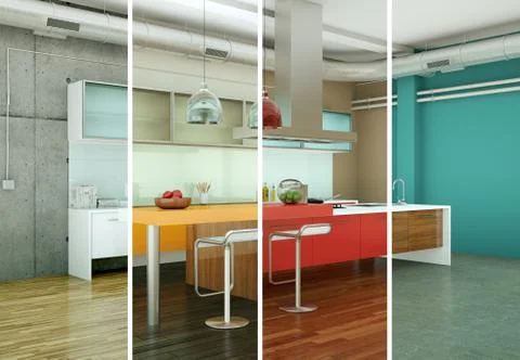 Splitted color variations of a modern kitchen with a beautiful design Stock Illustration