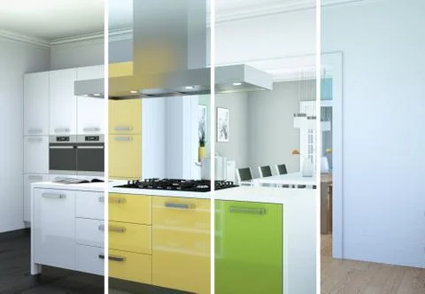 Splitted color variations of a modern kitchen with a beautiful design Stock Illustration