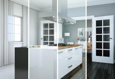 Splitted color variations of a modern kitchen with a beautiful design Illustrazione stock