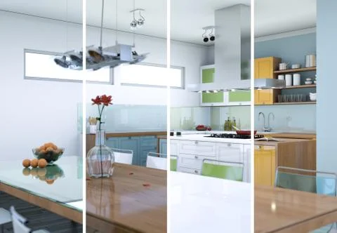 Splitted color variations of a modern kitchen with a beautiful design Stock Illustration