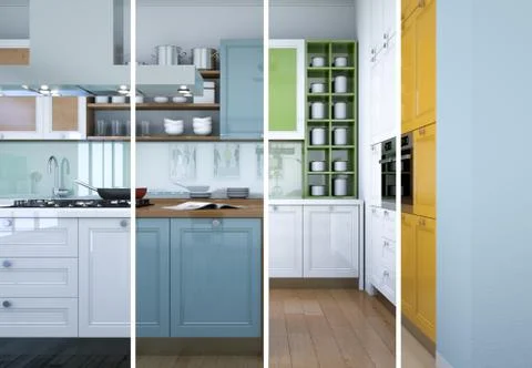 Splitted color variations of a modern kitchen with a beautiful design Stock Illustration