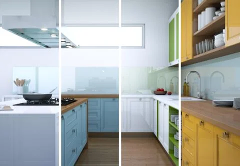 Splitted color variations of a modern kitchen with a beautiful design Stock Illustration