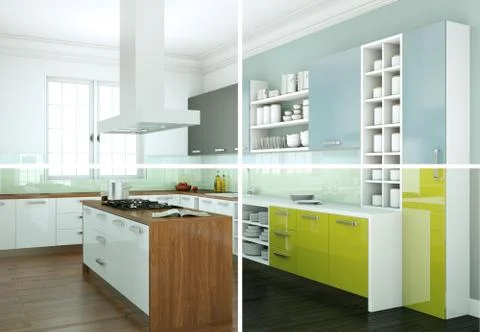Splitted color variations of a modern kitchen with a beautiful design Stock Illustration