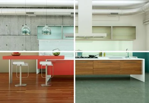 Splitted color variations of a modern kitchen with a beautiful design Stock Illustration