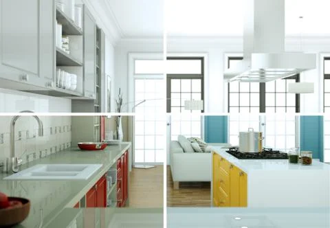 Splitted color variations of a modern kitchen with a beautiful design Stock Illustration