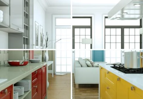 Splitted color variations of a modern kitchen with a beautiful design Stock Illustration