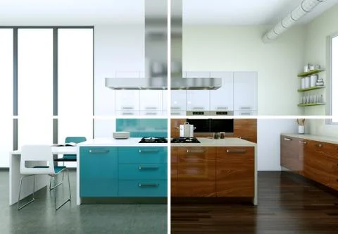 Splitted color variations of a modern kitchen with a beautiful design Stock Illustration