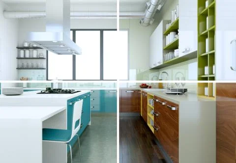 Splitted color variations of a modern kitchen with a beautiful design Stock Illustration