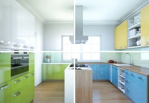 Splitted color variations of a modern kitchen with a beautiful design Stock Illustration