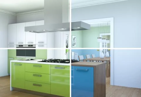 Splitted color variations of a modern kitchen with a beautiful design Stock Illustration