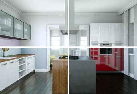 Splitted color variations of a modern kitchen with a beautiful design Illustrazione stock