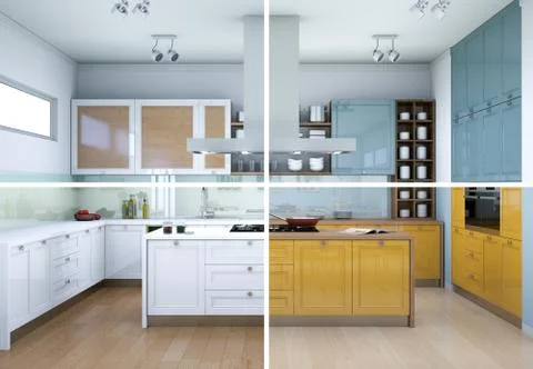 Splitted color variations of a modern kitchen with a beautiful design Stock Illustration