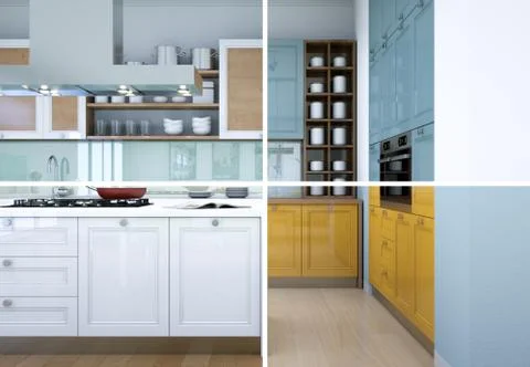 Splitted color variations of a modern kitchen with a beautiful design Stock Illustration