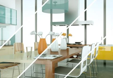 Splitted color variations of a modern kitchen with a beautiful design Stock Illustration