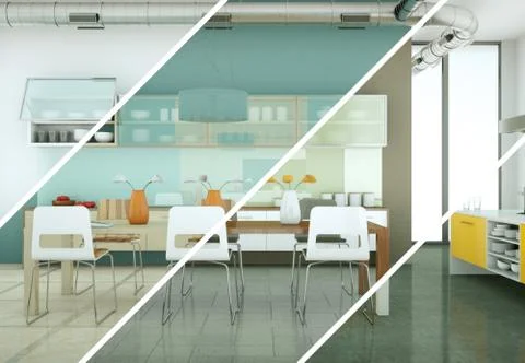 Splitted color variations of a modern kitchen with a beautiful design Stock Illustration