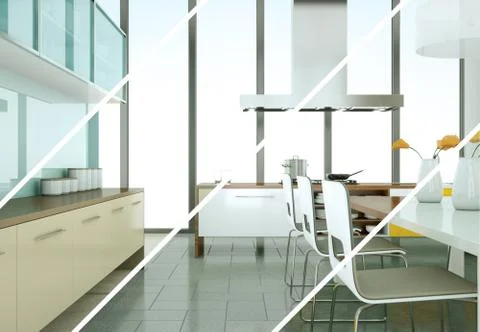 Splitted color variations of a modern kitchen with a beautiful design Stock Illustration