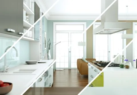 Splitted color variations of a modern kitchen with a beautiful design Stock Illustration